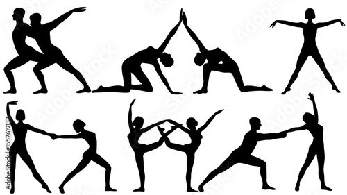 Silhouettes of people in various yoga poses and dance positions in a black and white graphic art