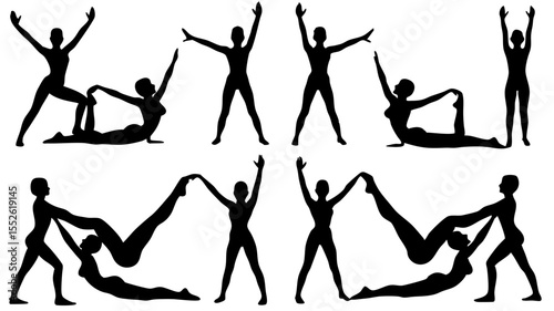Silhouette illustration showcasing various yoga poses performed by individuals and partners in black