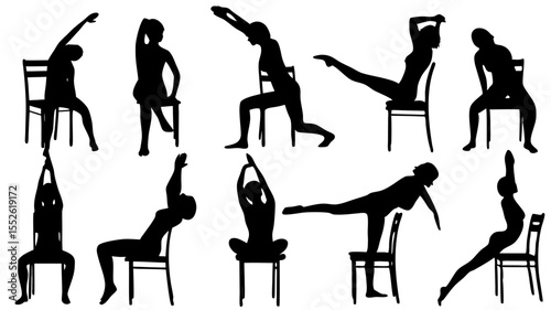 Silhouettes of people performing chair yoga poses for fitness and relaxation exercise at home or in studio
