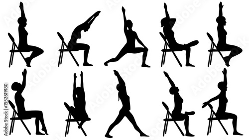 Silhouettes depicting chair yoga poses for fitness and flexibility exercises and mindful relaxation