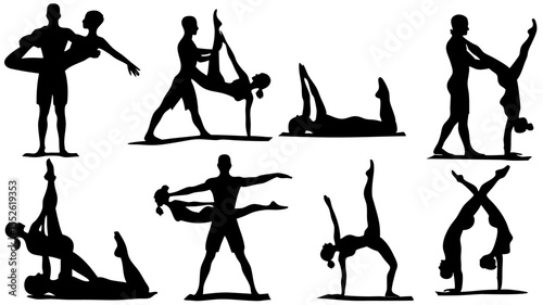 Silhouette illustrations showing couples doing acroyoga poses in various positions and alignments together