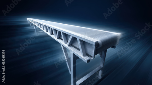 Futuristic conveyor system with sleek design and glowing edges, set against dark background with motion blur effects, creating sense of speed and innovation