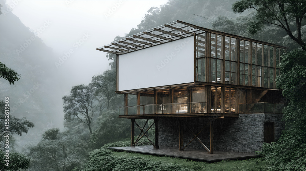 Modern House Nestled in Misty Mountain Forest Scenic View. Mock up promotion information for marketing announcements and details, blank white space Modern House Nestled in Misty Mountain Forest Scenic View. Mock up promotion information for marketing announcements and details, blank white space