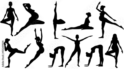Black silhouettes of women in various yoga poses on a white background showing flexibility and strength