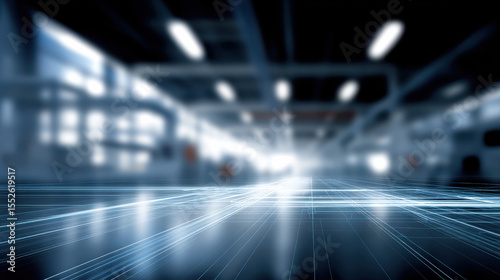 Futuristic digital rendering of high tech factory interior with glowing lines and advanced machinery, creating sense of innovation and technological progress