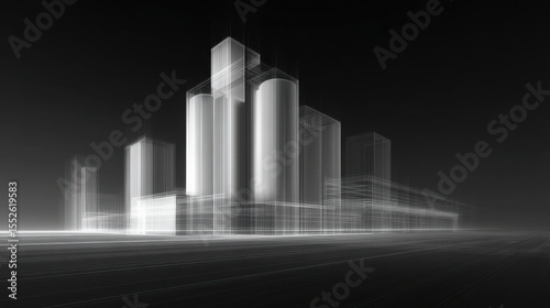 Futuristic cityscape with tall buildings and glowing outlines black and white digital rendering of urban architecture modern skyline with illuminated skyscrapers abstract city design high tech