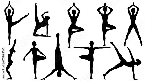 Silhouette illustration depicting various yoga poses and postures on a white background image scene