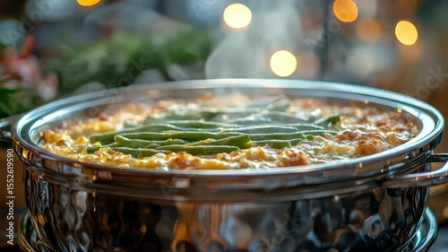 Steaming pot of homemade green bean casserole with rising steam and a hand lifting the lid