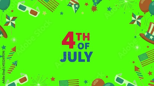 A green background featuring a border of festive american independence day themed items such as fireworks, flags, stars, and balloons