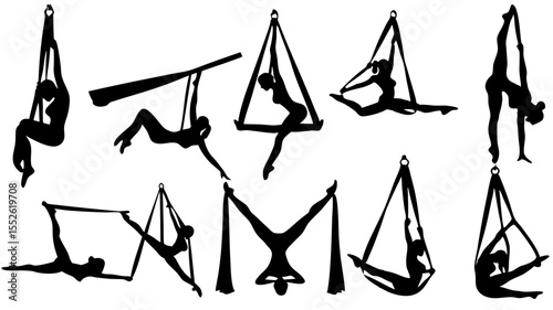Silhouette of aerialist performers doing various poses on aerial silks and aerial hoops artfully displayed