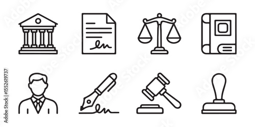 Legal Icons Courthouse, Contract, Scales of Justice, Law Book, Gavel, and Stamp Set