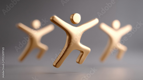 Golden figurines of people jumping with arms raised abstract human figures modern sculpture minimalistic design joyful expression dynamic movement smooth surface metallic finish contemporary art