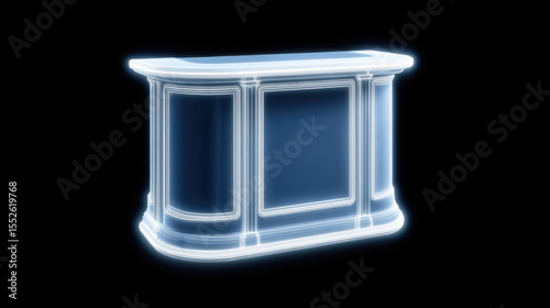 Glowing digital rendering of classic bar counter with illuminated edges and detailed paneling, set against dark background, creating futuristic and stylish ambiance