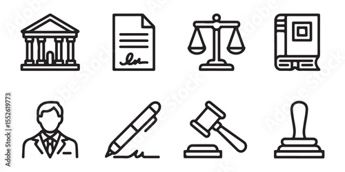 Legal services outline icons set – law, justice and attorney symbols