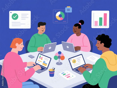Vector illustration of a diverse team working remotely via laptops, modern flat design, office icons and charts