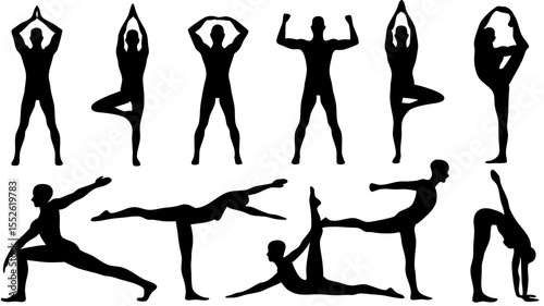 Silhouette illustrations showing various yoga poses and stretching exercises in black and white color