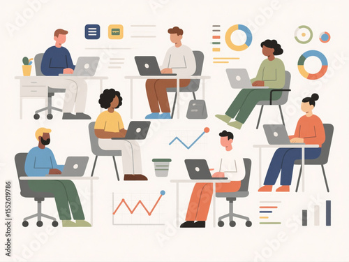 Vector illustration of a diverse team working remotely via laptops, modern flat design, office icons and charts