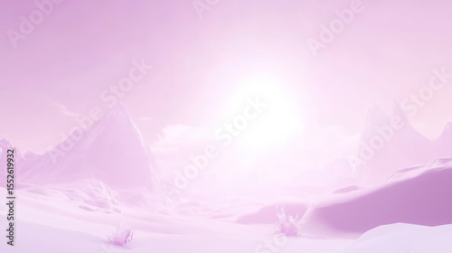 Pastel pink sunrise over a snowy mountain range. Soft light illuminates a tranquil, icy landscape.
