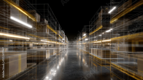 Digital warehouse with illuminated shelves and glowing wireframe outlines, creating futuristic and high tech environment that emphasizes advanced storage and logistics systems