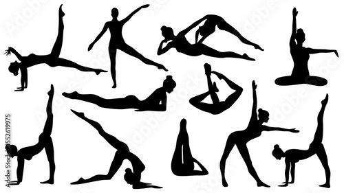 Silhouette illustration showing a variety of yoga positions and stretching exercises in black and white
