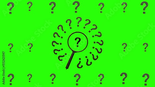 A magnifying glass with a question mark in the center surrounded by question marks on a green background