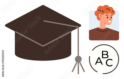 Graduation cap symbolizing academic success, portrait of smiling student, and alphabet letters. Ideal for education, learning, achievement, student life, teaching literacy academic goals. Simple