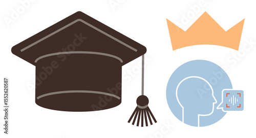 Graduation cap, crown symbol for achievement, and speech bubble showcasing the voice of leadership. Ideal for education, achievement, leadership, success, recognition learning knowledge. Simple