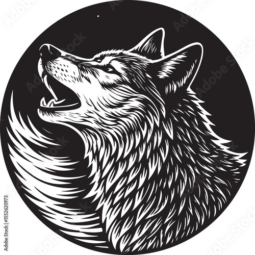 Black and white vector illustration of a shaggy wolf head, hand-drawn with a wild, natural sketch aesthetic, isolated on white