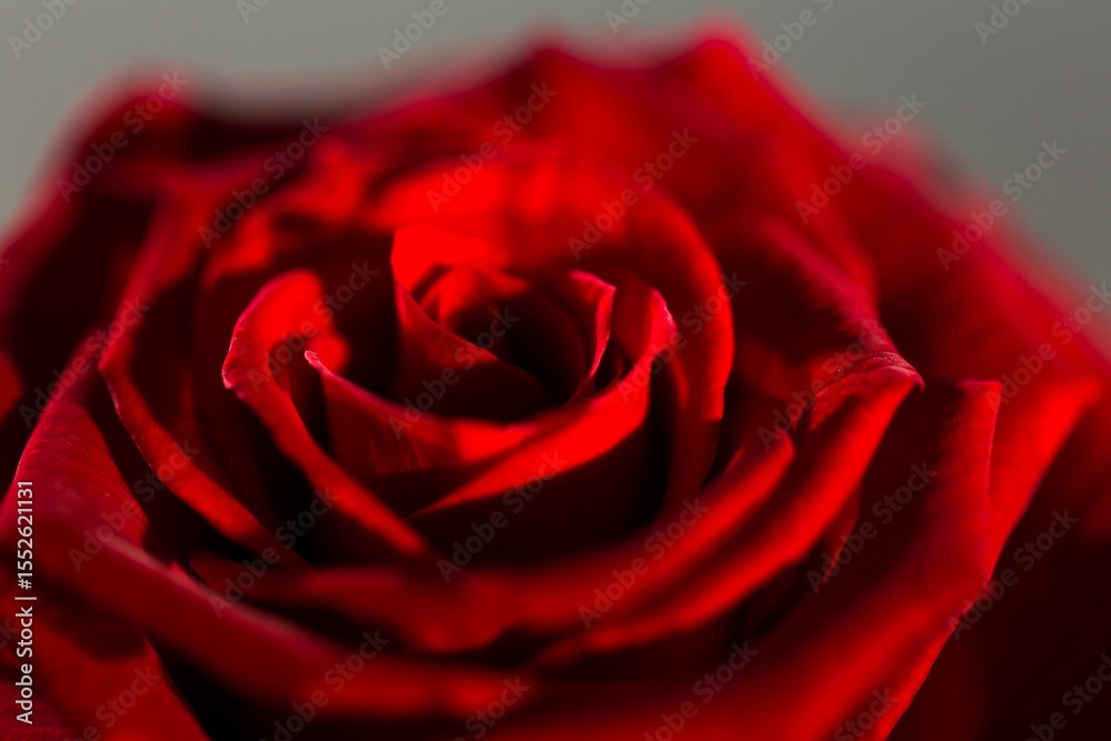 Fototapeta premium Red rose bloom is filling view in 3D-render style, showing petals on neutral grey blurred backdrop