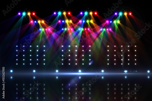 flat design spotlights casting vibrant beams across reflective floor with LED grid haze, copy space