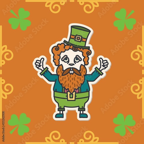 Image of st patrick's day leprechaun and green shamrocks on orange background
