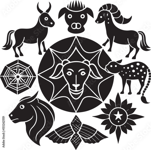 Set of black and white vector animal silhouettes: horse, cat, dog, cow, goat, pig, sheep, elephant, deer, bird
