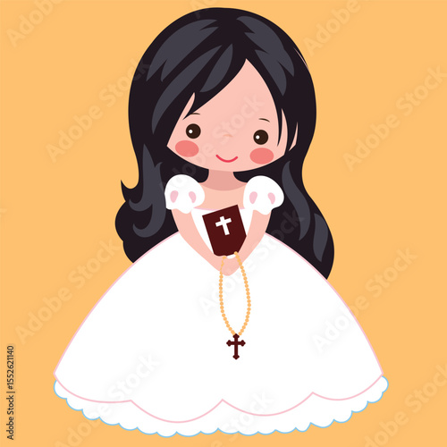 Flat design illustration of a first communion girl on a yellow background