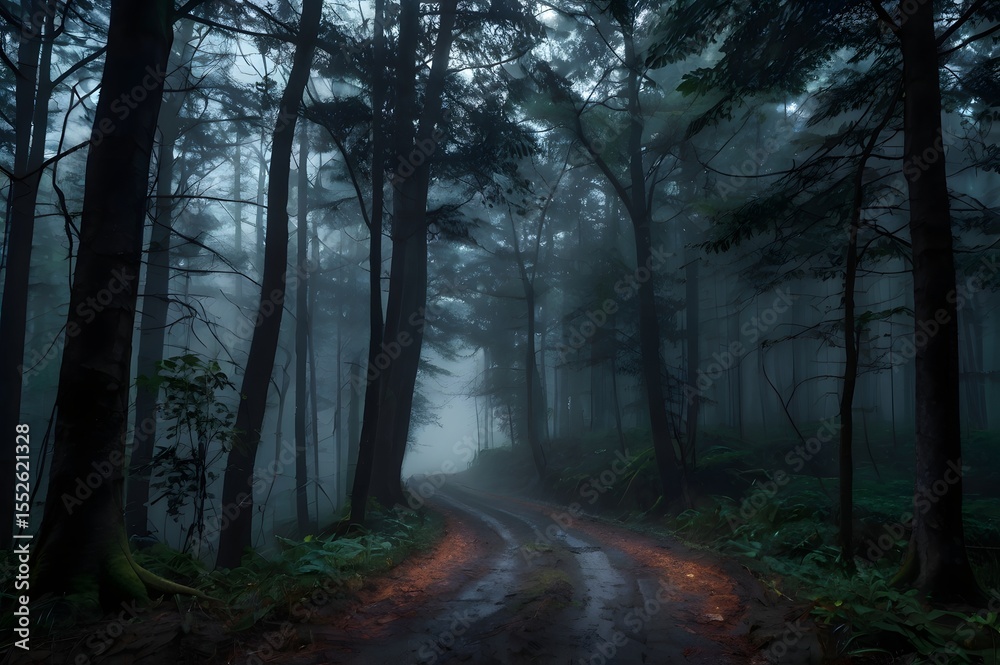 Fototapeta premium Road to the light in dark mysterious forest with fog.