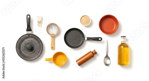 Kitchenware Still Life Pans Bowls Utensils and Olive Oil on White Background.