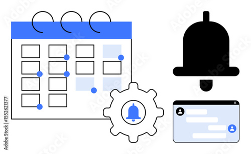 Calendar with marked dates, bell notification, chat window, and gear for settings. Ideal for scheduling, planning, task organization, notifications, communication workflow simple landing page