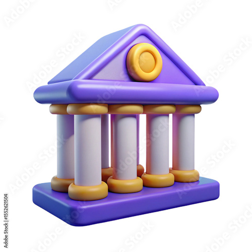 Stylized 3d purple bank building with columns isolated on transparent background