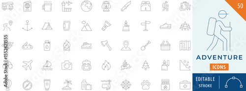 Adventure icon collection set. Editable stroke.