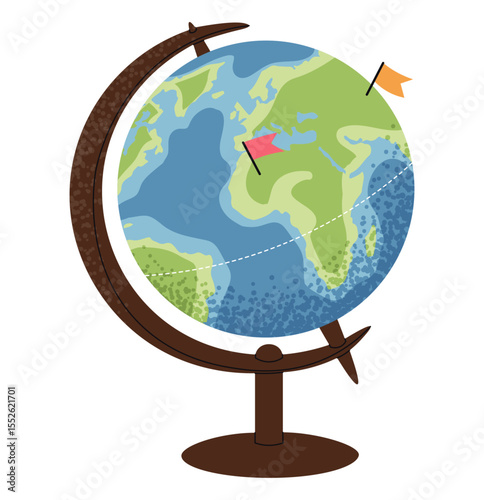 Flat style school globe with continents, oceans, and flags. Perfect for educational materials, geography lessons, classroom decor, web design, advertising campaigns, travel-related projects
