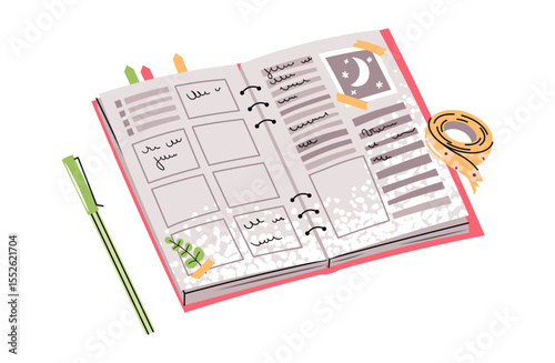 Open Planner with Pen and Notes in Flat Style on White Background. Versatile Design for Office Planning and School Organization. Perfect for, Educational Materials, Social Media Content, and Printable