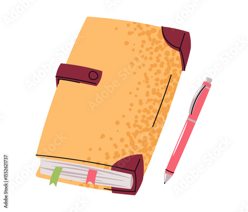 Yellow Notebook with Closure and Pen in Flat Style on White Background. Perfect for School Planners, Office Journals, and Creative Projects. Design for Stationery, Social Media, and Printable Stickers