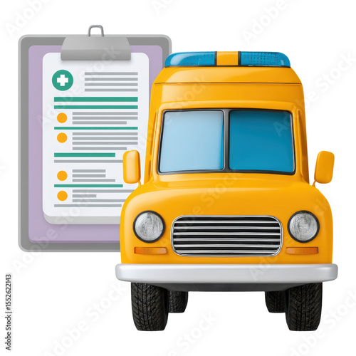 Yellow ambulance toy next to clipboard showing medical expenses and insurance form for emergency situation crucial concept for healthcare planning and financial security