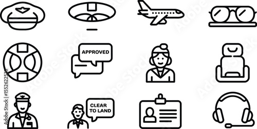 Set of Airline and Flight Icons Including Pilots, Airplanes, Lifebuoys, and Seat Icons