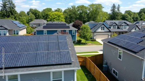 Solar panels are installed on the roof of a house in a residential neighborhood