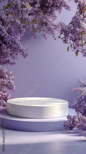 Empty white podium surrounded by blooming purple lilac flowers against a soft lavender background