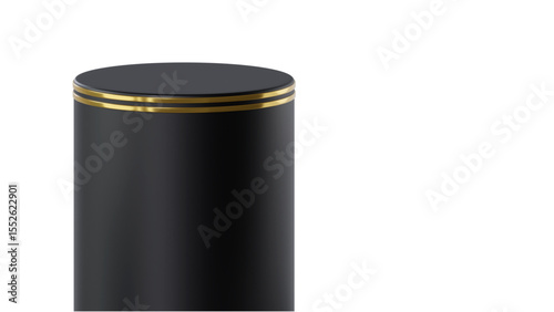 Sleek black cylindrical pillar with elegant golden rings at the top, ideal for luxury product displays or sophisticated architectural design on a Transparent Background.

