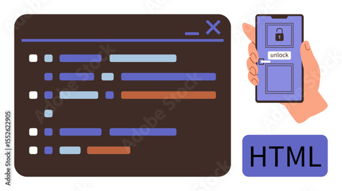 Code editor with highlighted syntax, a hand holding a phone unlocking a screen, HTML label. Ideal for web development, programming, authentication, cybersecurity, technology, data protection simple