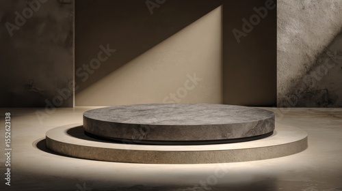 Minimalist stone podium with dramatic diagonal light casting shadows on textured walls and floor