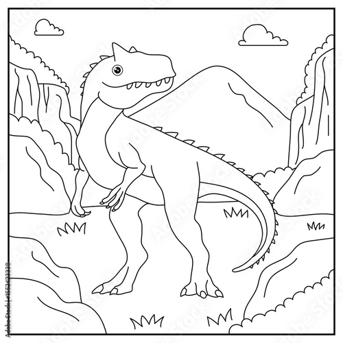 Black and white cartoon Dinosaur  Allosaurus character (vector illustration), coloring book for children.	