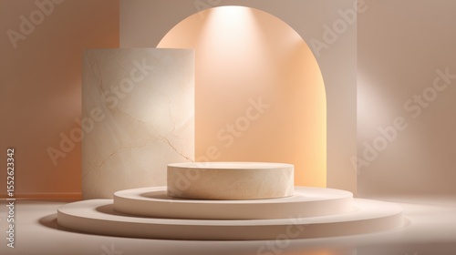 Minimalist modern stage with marble cylinder and geometric podiums under warm spotlight